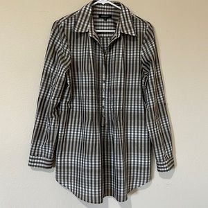 Lafayette 148 NY Plaid Pleated Brown Stripe ButtonUp Oversized Women Medium Top